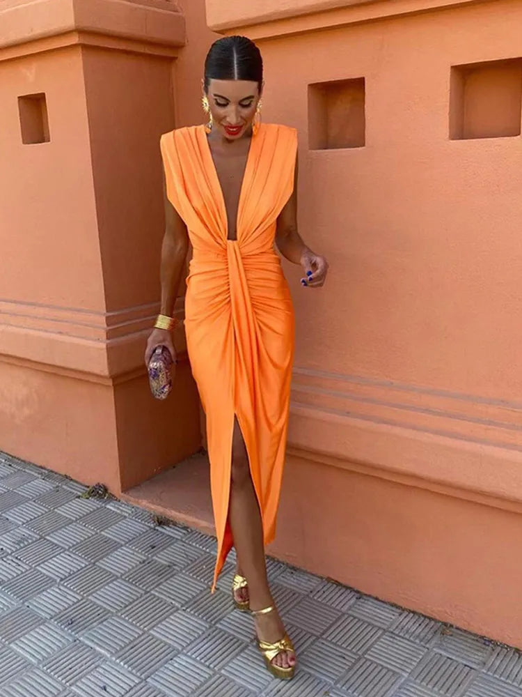 Deep V Neck Split Dress