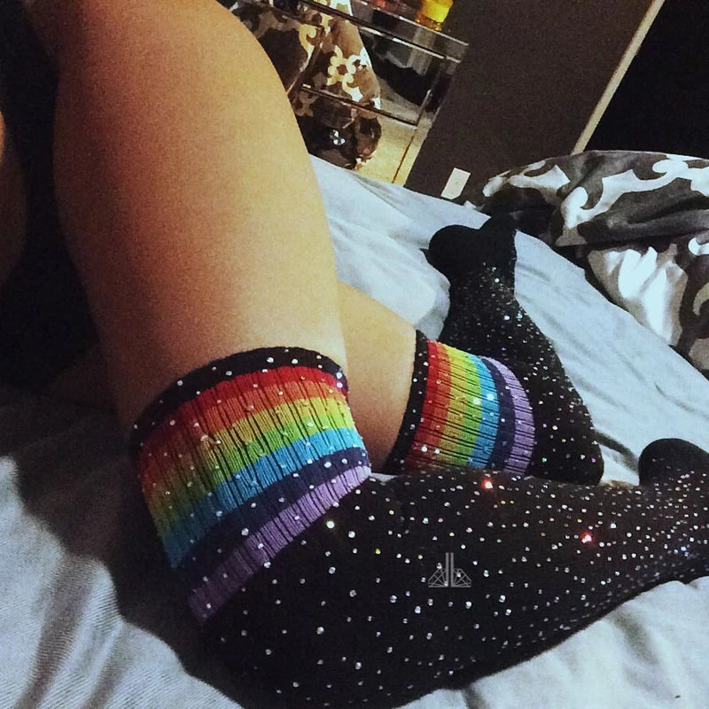 Striped Rhinestones Knee High Socks