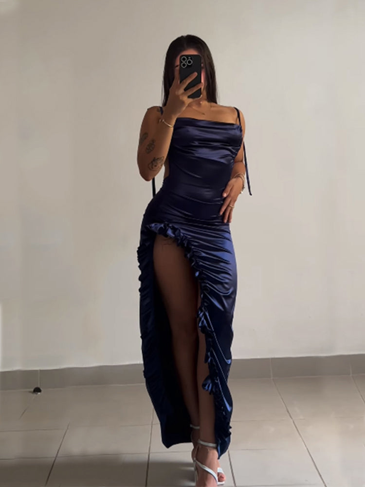 Slit Backless Satin Dress