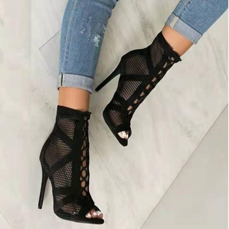 Black Hollow Mesh High Heels