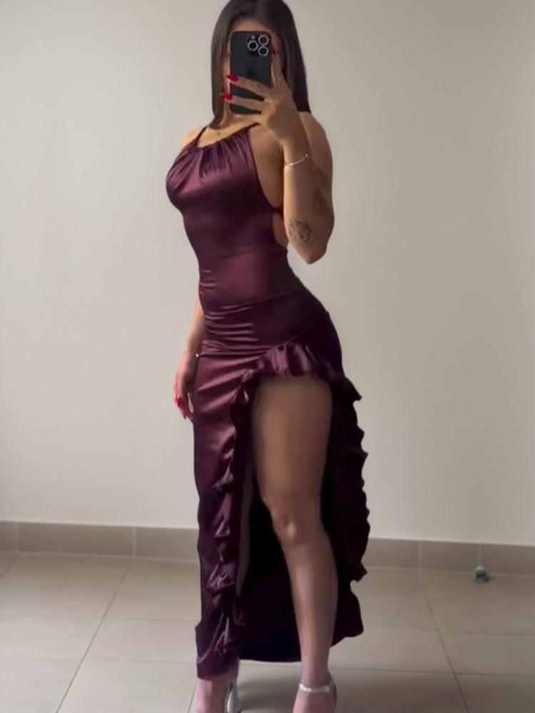 Slit Backless Satin Dress