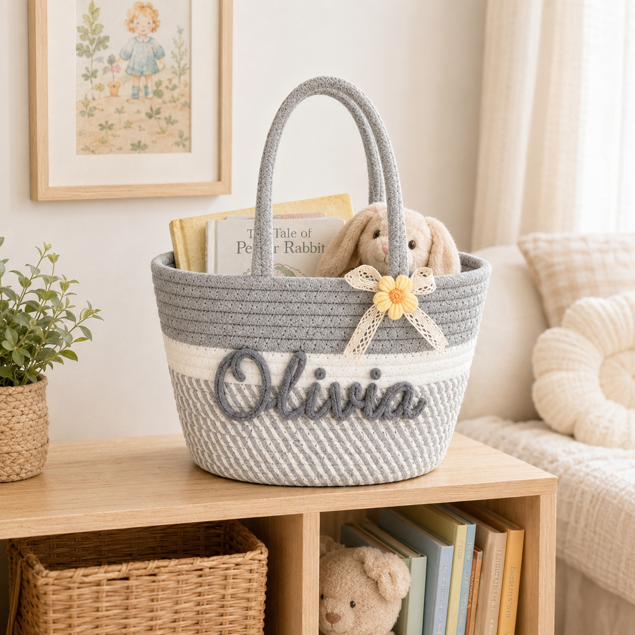Personalized Embroidered Jute Flower Bag