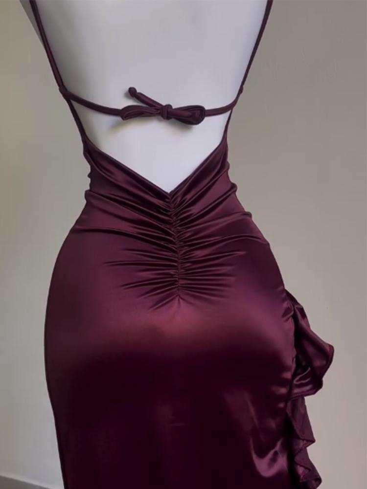 Slit Backless Satin Dress