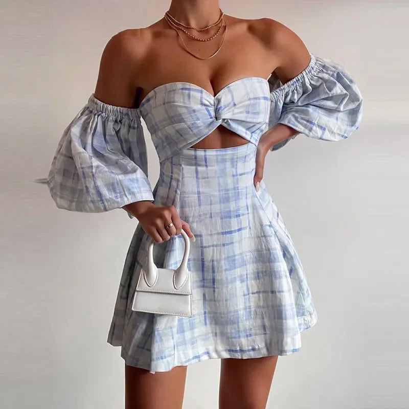 Off Shoulder Plaid Print Twisted Cut-out Dress