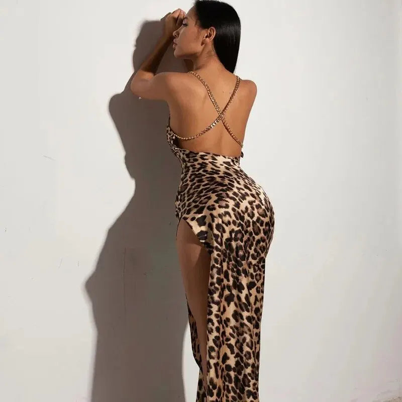 Backless Leopard Slit Dress