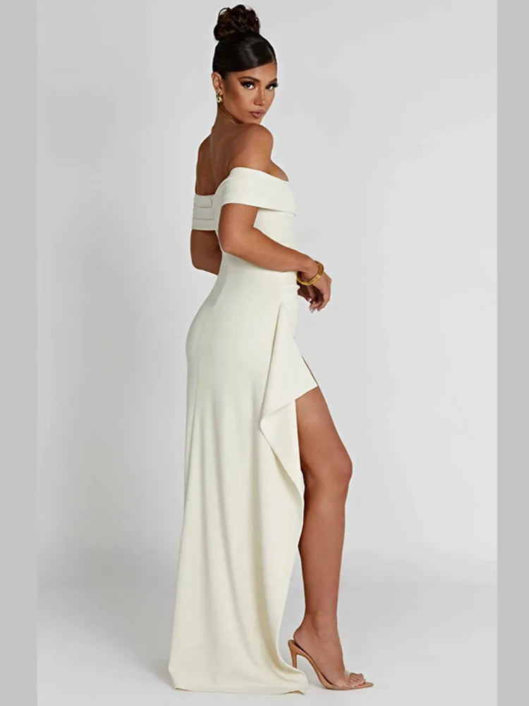 Off-shoulder Ruffled Thigh High Split Maxi Dress