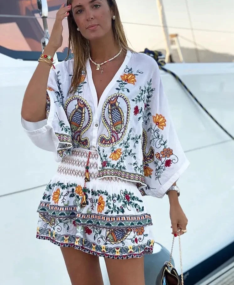 Batwing Sleeve Embroidery Paisley Print Skirt Set