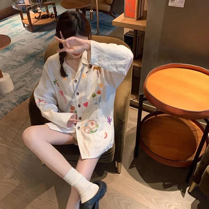 Plant Embroidery Long Sleeve Shorts Sets