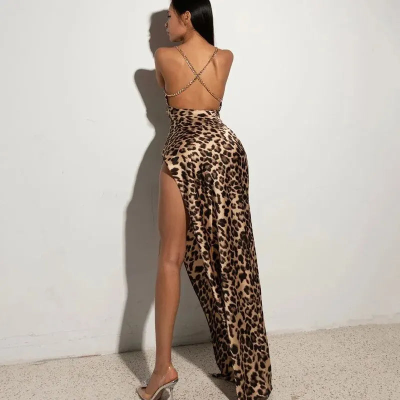 Backless Leopard Slit Dress