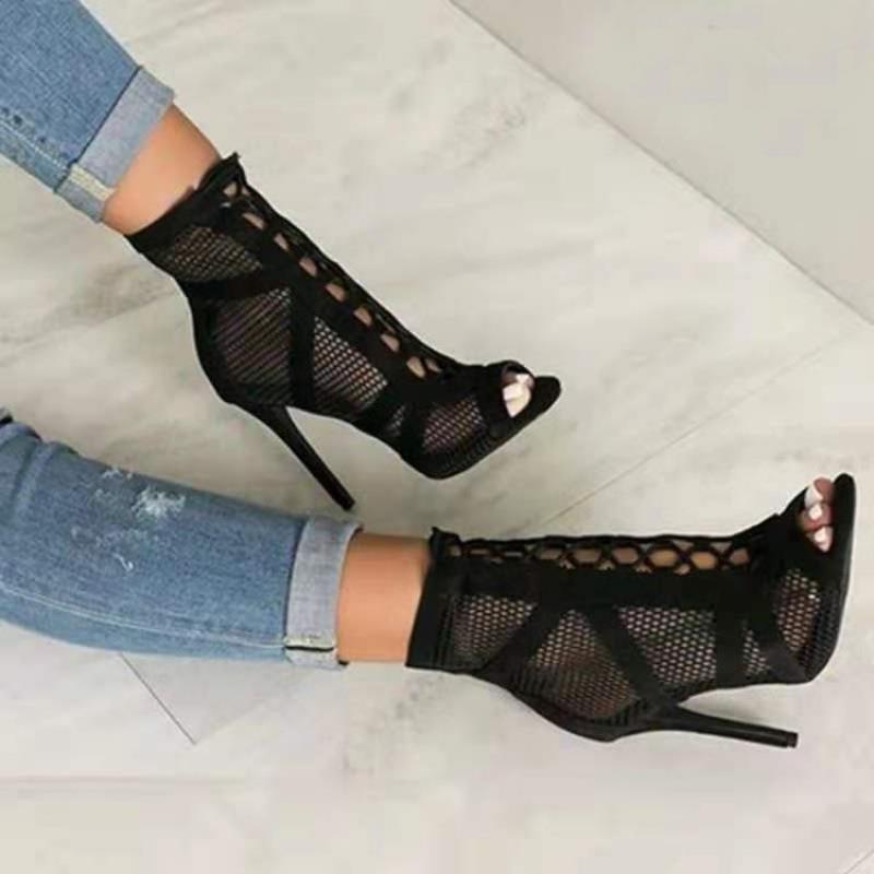 Black Hollow Mesh High Heels