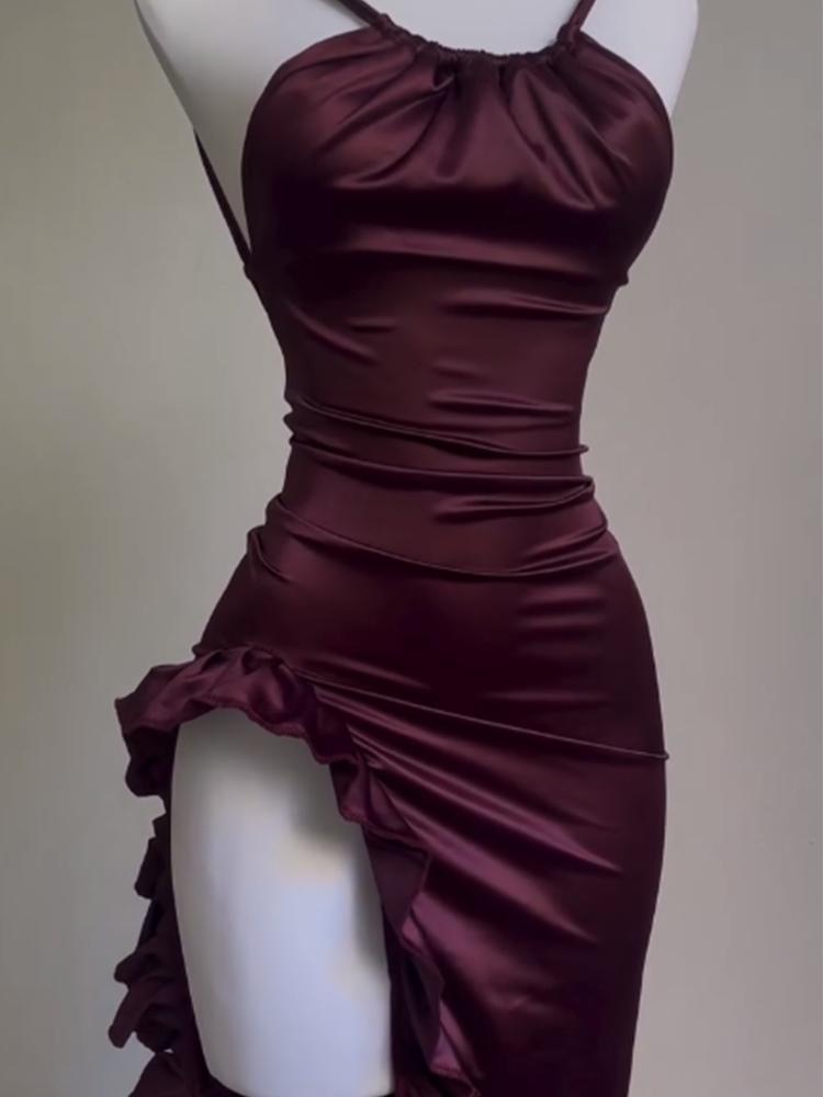 Slit Backless Satin Dress