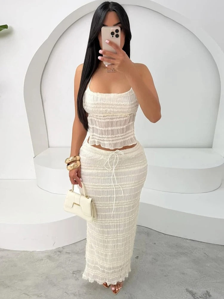 Kelly Ruched Mesh Crop and Skirt Set