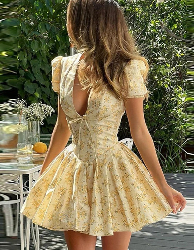 V-Neck Floral Yellow Dress