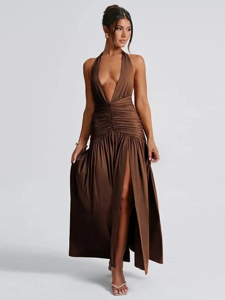 Deep V Neck Ruched Backless Dress