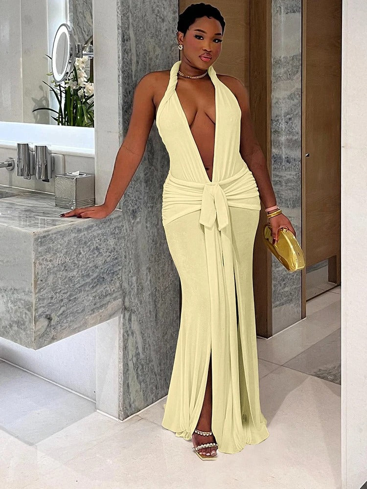 Lara Plunge Halter Tie Maxi Dress