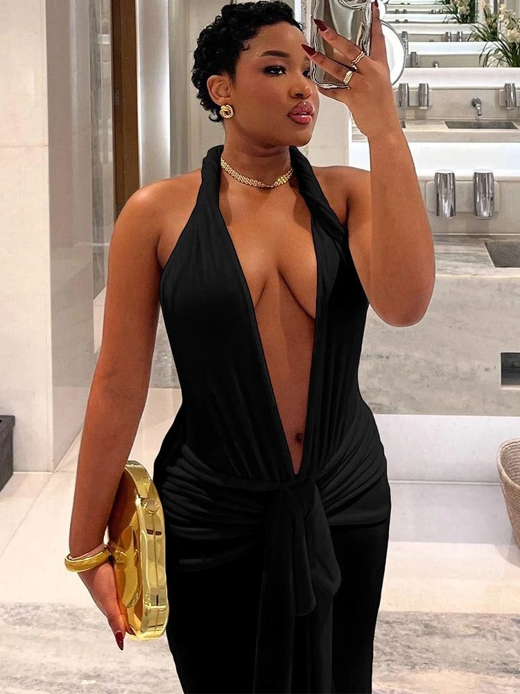 Lara Plunge Halter Tie Maxi Dress