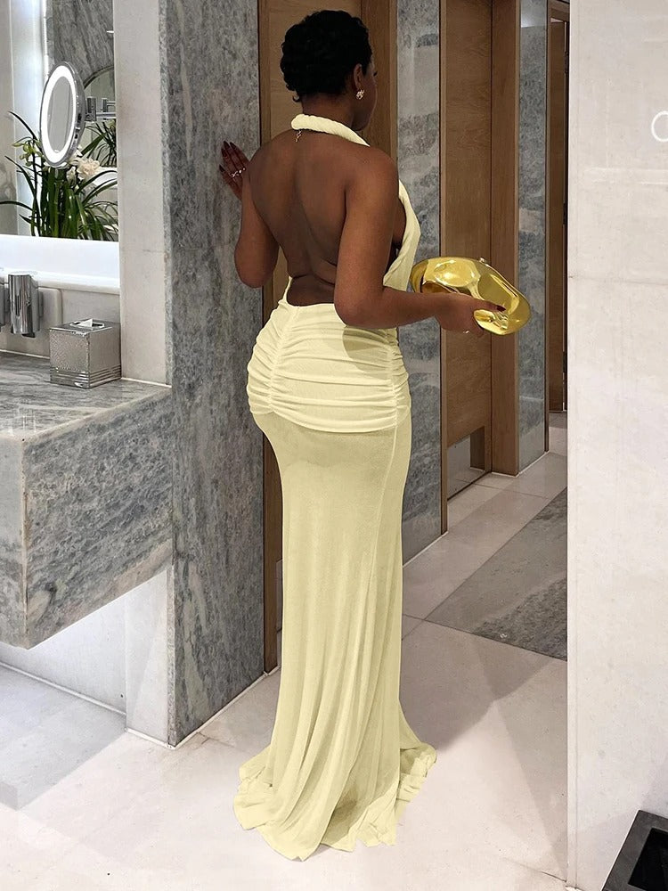 Lara Plunge Halter Tie Maxi Dress