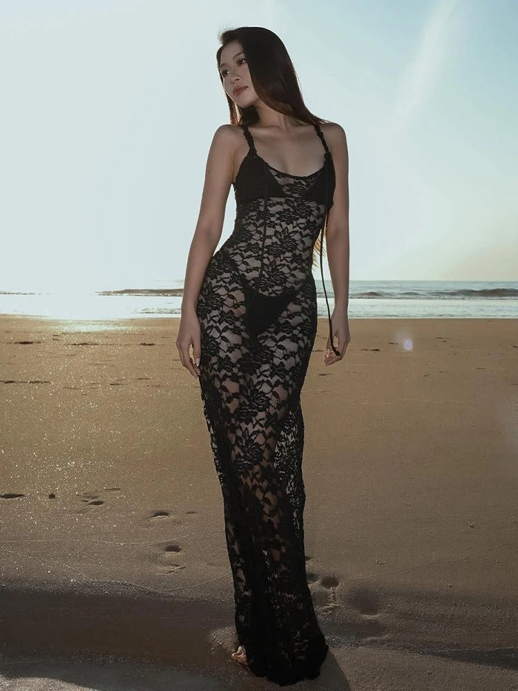 Nova Sheer Black Lace Maxi Dress