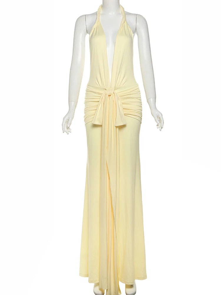 Lara Plunge Halter Tie Maxi Dress