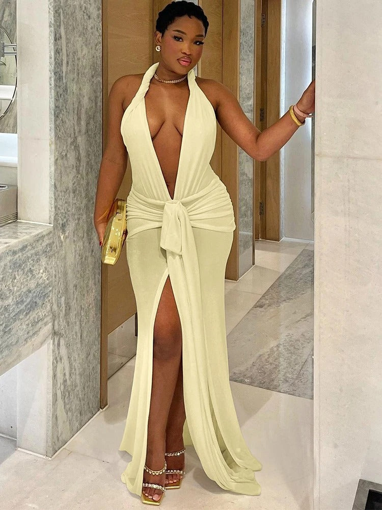 Lara Plunge Halter Tie Maxi Dress
